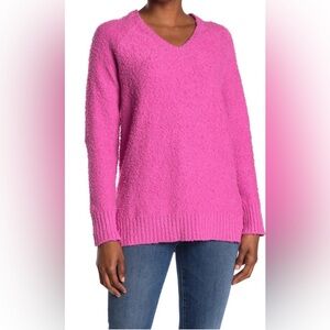 Adrianna Papell Hot Pink V-Neck Fuzzy Boucle Knit Sweater SZ M